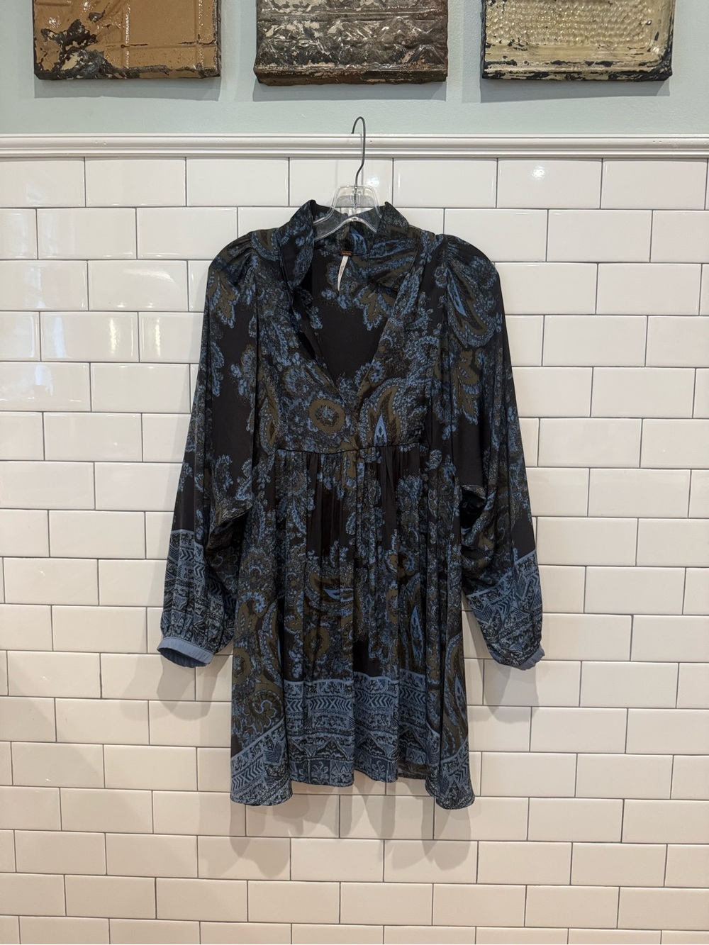 Free People Say You Love Me Paisley Mini Tunic Dress Size S Black Blue
